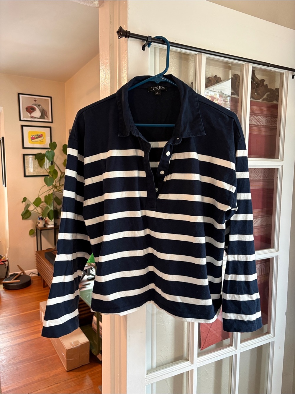 J. Crew Mariner Jersey Long Sleeve Polo T-Shirt in Stripe (Navy/L)